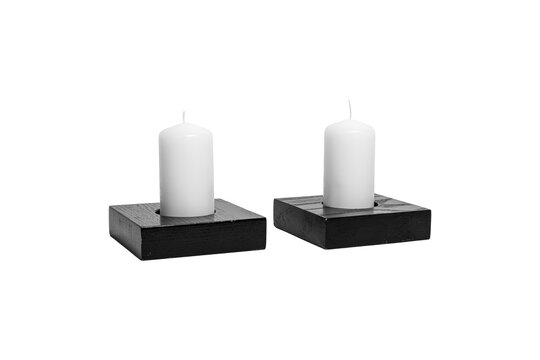 Two White Candles on Black Wooden Stand Minimalist Decor