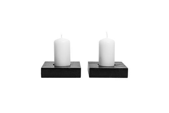 Two White Candles on Black Wooden Stand Minimalist Decor