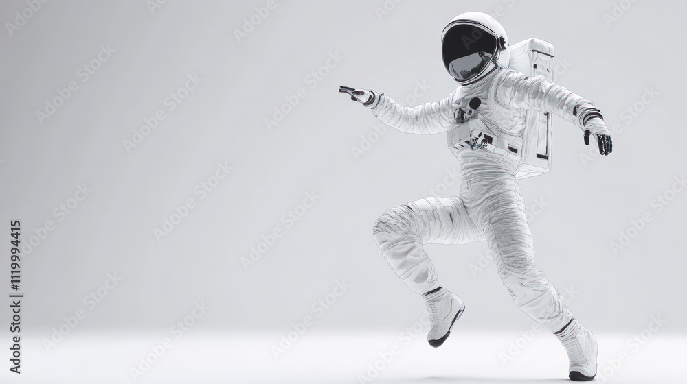 Poster an astronaut in a spacesuit appears to be dancing or moving playfully in a minimalist setting.