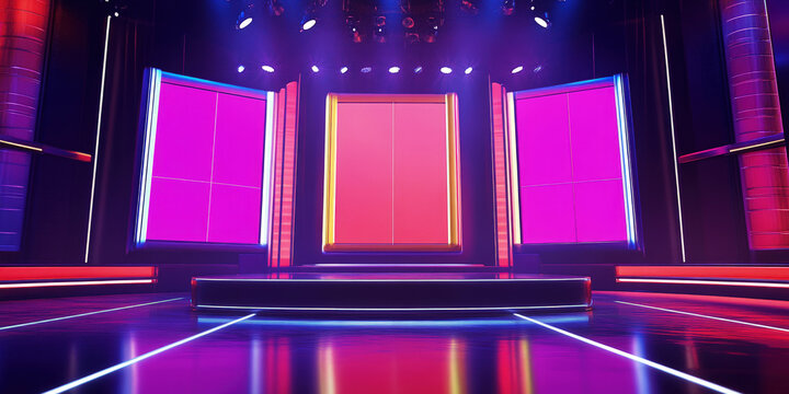 A brightly lit stage with digital screens, ready for a show or presentation. Presents entertainment, performances, television and game shows.