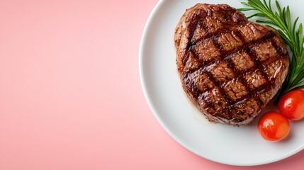 A perfectly grilled heart-shaped steak garnished with fresh rosemary and cherry tomatoes is elegantly presented on a white plate against a pink backdrop for visual delight.