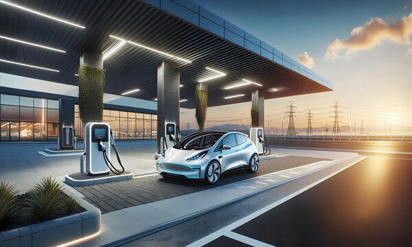 Futuristische Elektrotankstelle, Ladestation mit Elektroauto