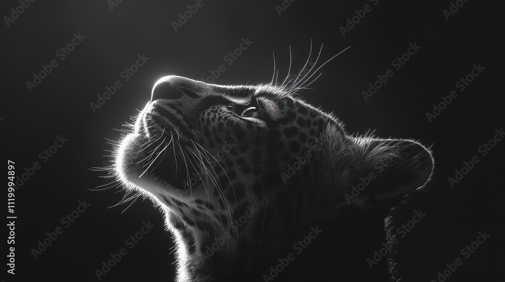 Poster a monochromatic close-up of a leopard's profile, showcasing its features against a dark background.