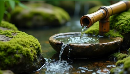 Serene bamboo water feature trickles into a moss-covered stone basin, creating a peaceful and tranquil Zen garden scene.
