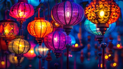 Fototapeta premium A vibrant display of colorful Diwali lanterns hanging in the night sky, illuminating the surroundings with warm hues