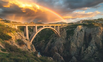 Obraz premium bridge leading to the horizon with rainbow in sky