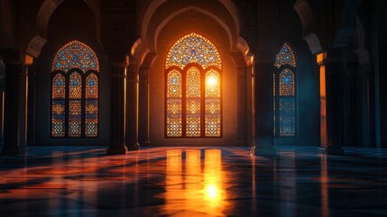 Moon light shine through the window into islamic mosque interior. Ramadan Kareem islamic background