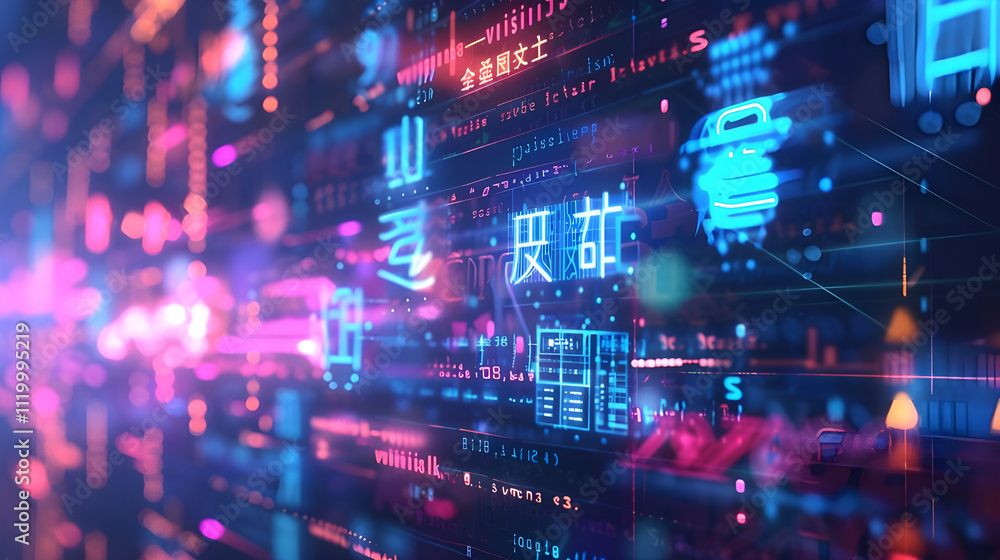Poster abstract digital data stream with glowing chinese characters.