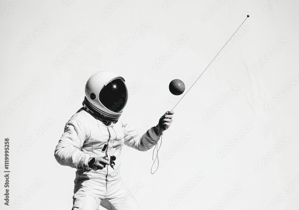 Poster an astronaut in a spacesuit playfully juggling a ball, emphasizing creativity and exploration.