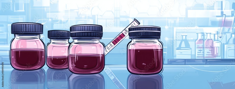 Poster Laboratory scene featuring vials and a pipette with a reddish liquid.