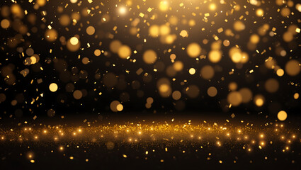 Fototapeta premium Gold glitter and confetti falling on a dark background.