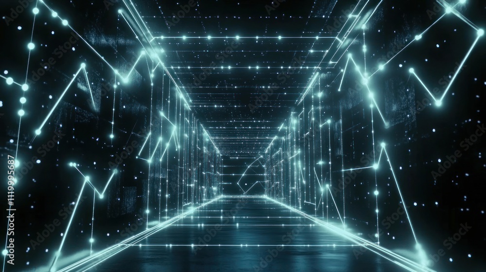 Aufkleber A futuristic corridor with glowing lines and dots, suggesting a digital or virtual space.
