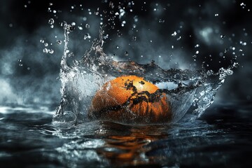 Fototapeta premium Weathered orange soccer ball splashing dramatically in water with dark tones 
