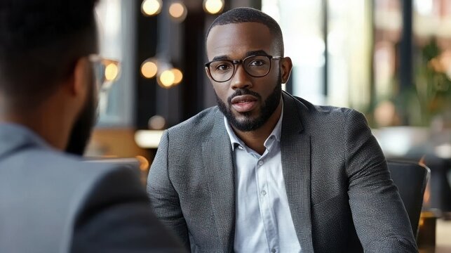 Young professional firmly negotiating with a client, demonstrating assertive body language with eye contact and a steady stance