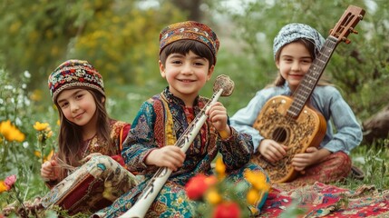 Children celebrating navruz with traditional instruments and festive attire amidst spring beauty