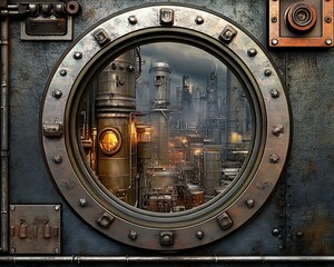Steampunk portal reveals futuristic dystopian city.