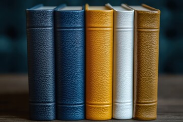 A collection of five leather-bound books in varying colors arranged neatly on a surface.