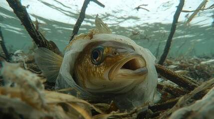 A fish trapped in plastic waste underwater, highlighting environmental pollution.