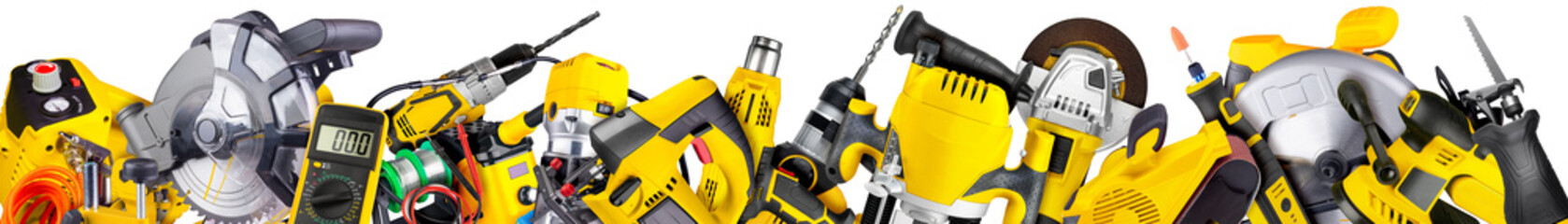 ultra wide panorama banner  of most electric hand power tools in yellow isolated white background....