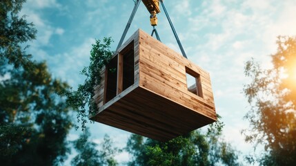 A wooden house module, adorned with green vines, is being lifted by a crane against a backdrop of trees and a clear sky, signifying modern eco-friendly architecture.
