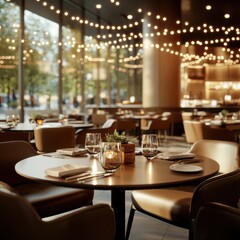 Elegant outdoor dining experience at a steakhouse cozy atmosphere with twinkling lights urban setting inviting vibe