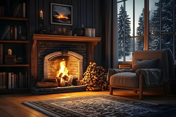 Naklejka premium A cozy living room with a fireplace and a pile of wood, generative ai image