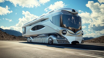 A modern motorhome journeying down the road, embodying luxury and comfort on wheels for adventurous travelers.
