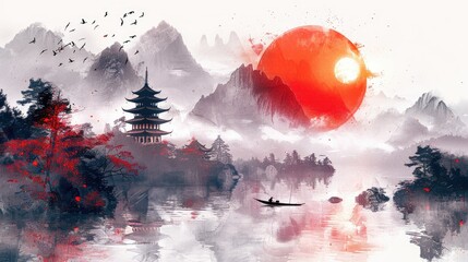 Serene Asian landscape painting with pagoda, red sun, misty mountains, and lone boat.