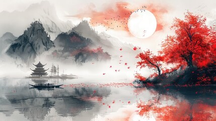 Serene Asian landscape painting with red tree, pagoda, and misty mountains reflecting on calm water under a large moon.