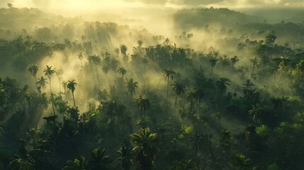 Obraz premium Dense fog rolling over a serene forest, shrouding the treetops in mystery, with a faint glow of light breaking through the haze.