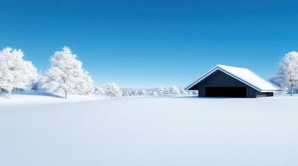 A serene winter landscape with a house surrounded by snow.