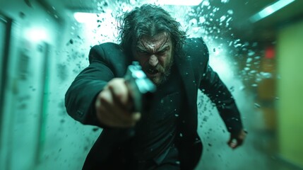 A fierce man in a suit aggressively aiming a gun while glass shatters around him, suggesting violence and tension in a high-action moment.