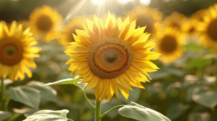 Fototapeta premium Sunflower follows sun path field of blooms nature sunny environment close-up viewpoint growth concept