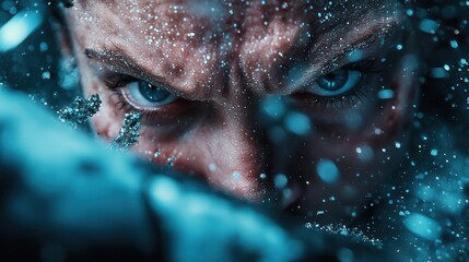A ferocious gaze peers through a dust-laden, chaotic battlefield atmosphere, conveying a mix of steely resolve and unwavering focus in the heat of crisis.