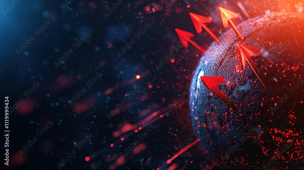 Poster surrealistic scene of an inflating globe surrounded by dynamic red arrows and glittering particles