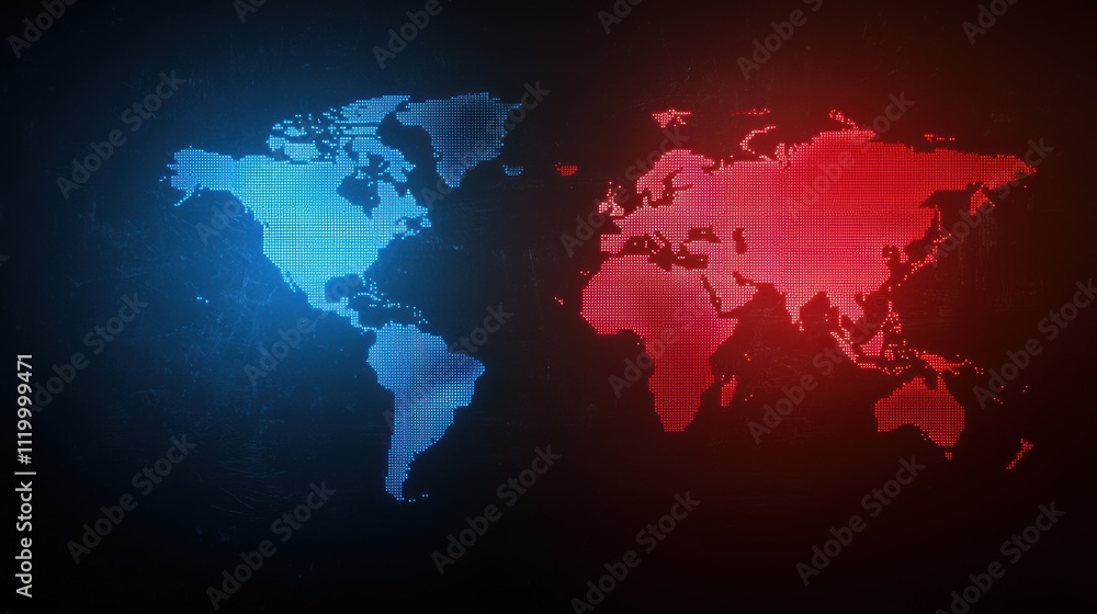 Poster holographic world map in red and blue color scheme for trade visualization and analysis