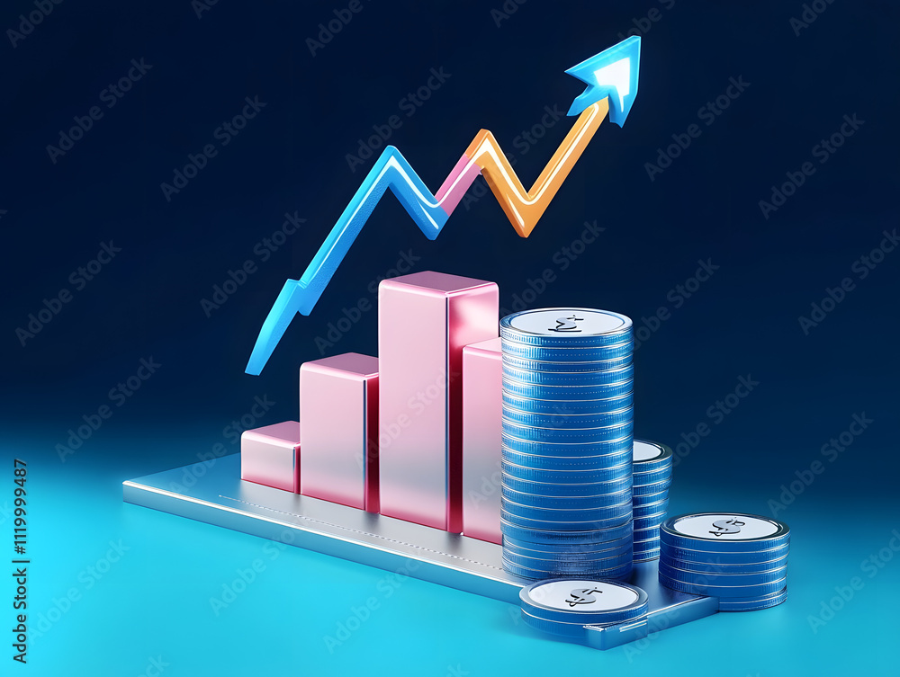 Poster finance stock growth chart investment graph on 3d diagram background with up arrow digital analysis 