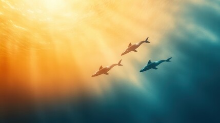 Fototapeta premium Orcas Swimming Gracefully Under Glass with Beautiful Light Effects and Vibrant Colors