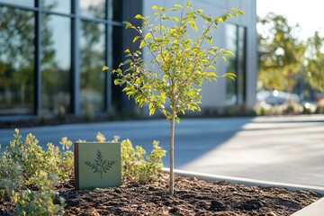 New Beginnings: A young sapling stands tall, symbolizing growth, potential, and the promise of a thriving future. The image is set against the backdrop of a modern building.