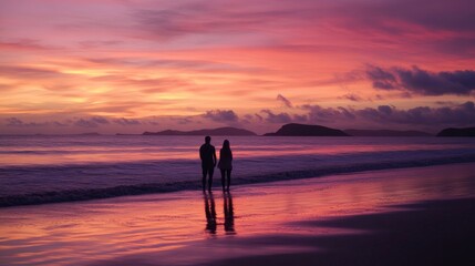 Fototapeta premium Couple Walking on the Beach at Sunset with Colorful Sky and Reflection