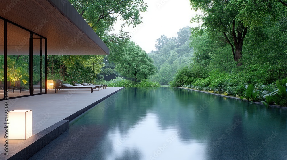 Poster serene modern architecture by a tranquil pool surrounded by greenery.