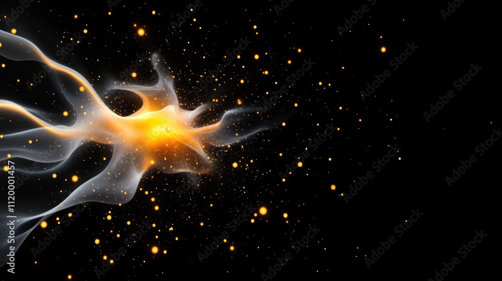 Poster abstract representation of energy with glowing particles and fluid shapes.