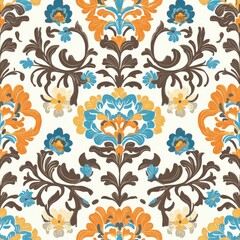 Beautiful pattern of an Italian style motif in the colors blue, orange, black, and cream. Tile design. Ceramic pattern