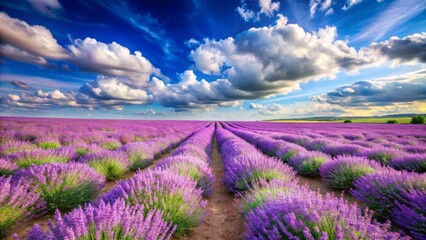 Obraz premium Serene Lavender Field in Full Bloom: A Scenic View of Vibrant Purple Flowers Under a Clear Blue Sky with Copy Space for Text or Branding Use