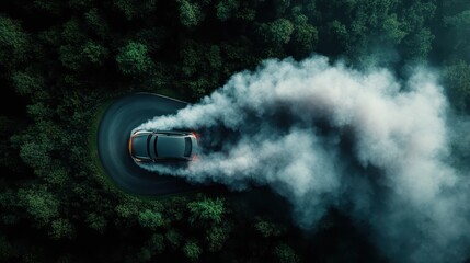 A car artfully drifting on a winding road through a lush green forest, leaving a thick trail of smoky exhaust, captured from a unique aerial perspective.