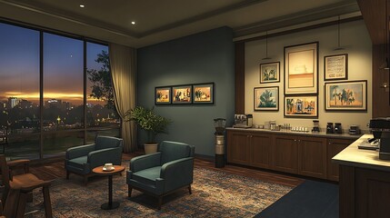 Obraz premium Evening Lounge with City View: Tranquil Relaxation in a Sophisticated Setting
