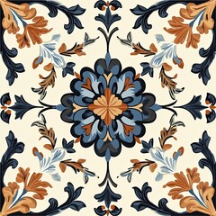 Beautiful pattern of an Italian style motif in the colors blue, orange, black, and cream. Tile design. Ceramic pattern