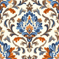 Beautiful pattern of an Italian style motif in the colors blue, orange, black, and cream. Tile design. Ceramic pattern