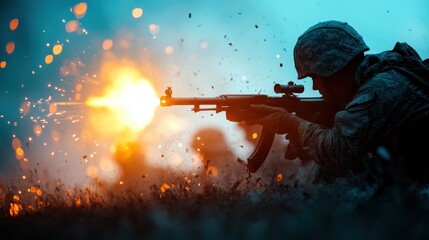 Fototapeta premium An active soldier shooting an assault rifle amidst intense battle, with vivid flame and sparks highlighting the chaotic and adrenaline-filled war environment.
