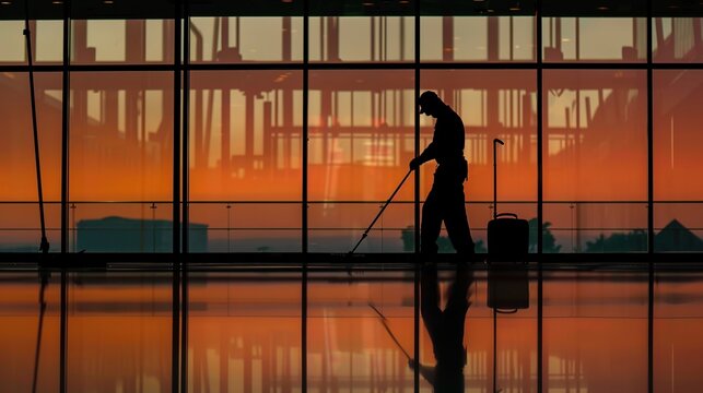 Artistic silhouette of a janitor cleaning with tools symbolizing dedication, professionalism, and the essential role of cleaning services